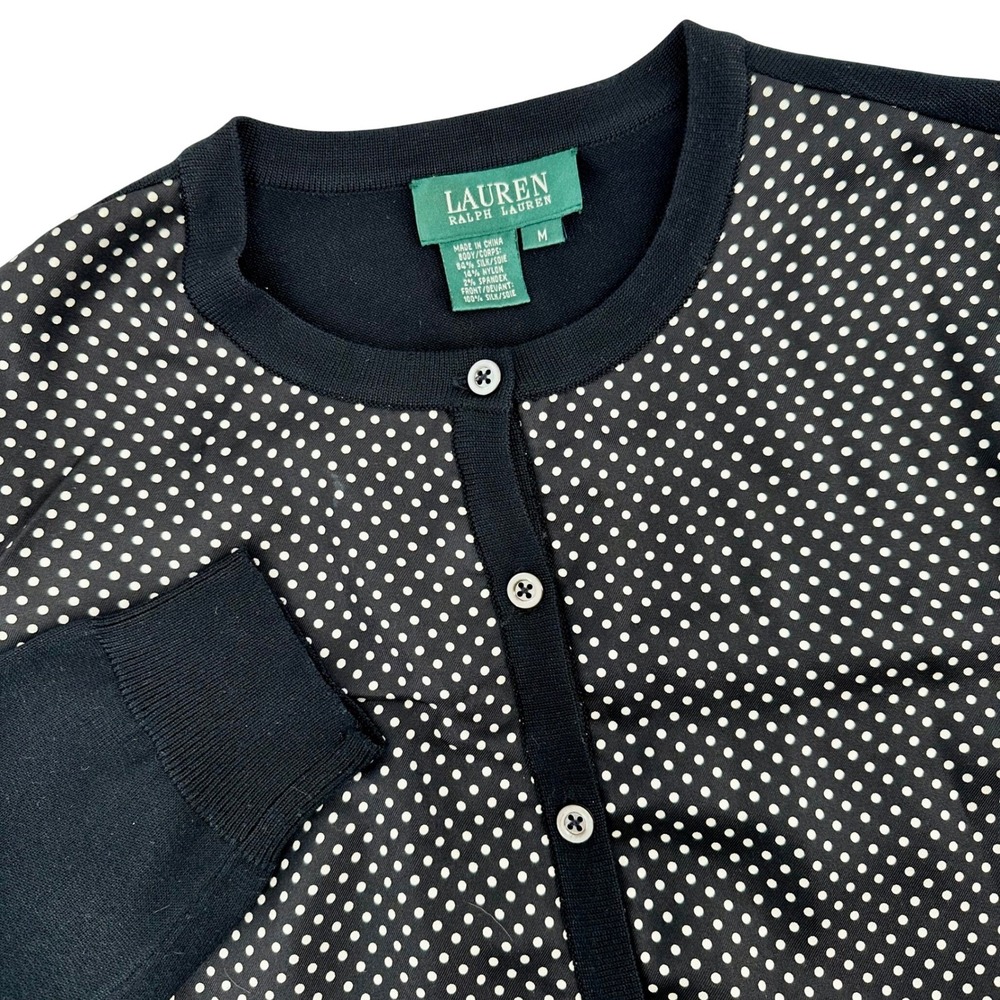 Lauren Ralph Lauren Women's Black White Dot Cardigan Silk Sweater Size M